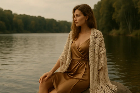Femme habillé en robe en satin et macramé