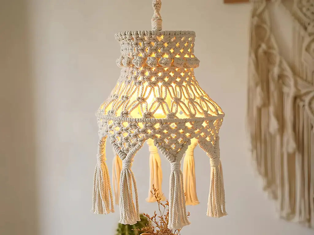 Abat-jour En Macramé Bohème Avec Pompons - Suspension Décorative Pour Salon, Chambre, Décoration Mariage