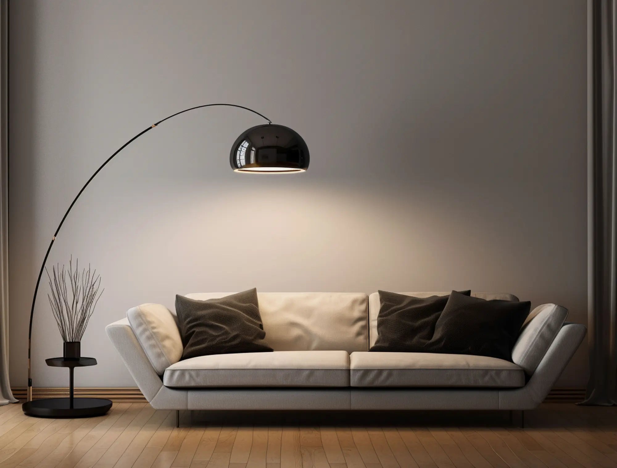 Lampadaire arc noir dans un salon