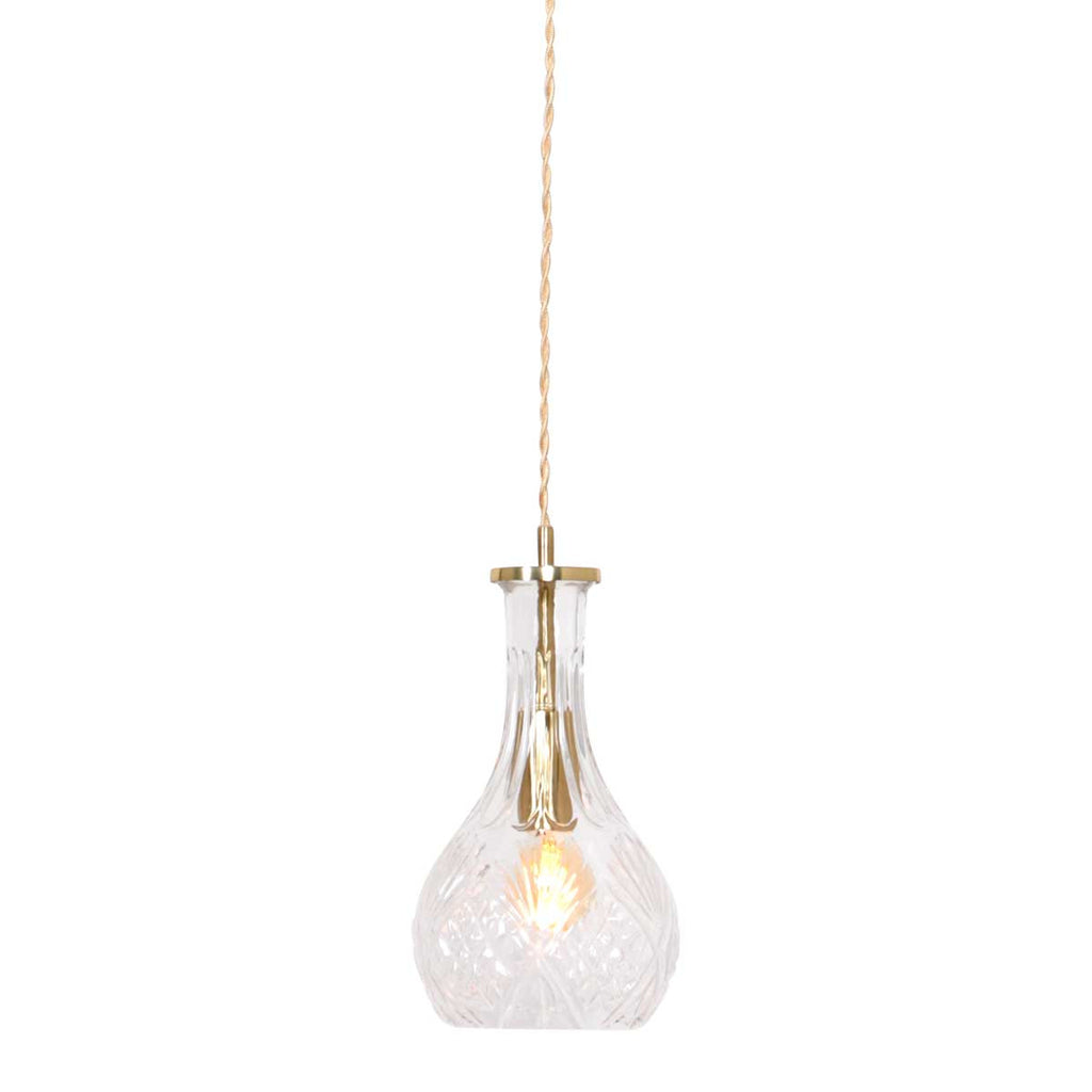 Suspension en verre taillé transparent et laiton doré forme goutte – Ø14 cm