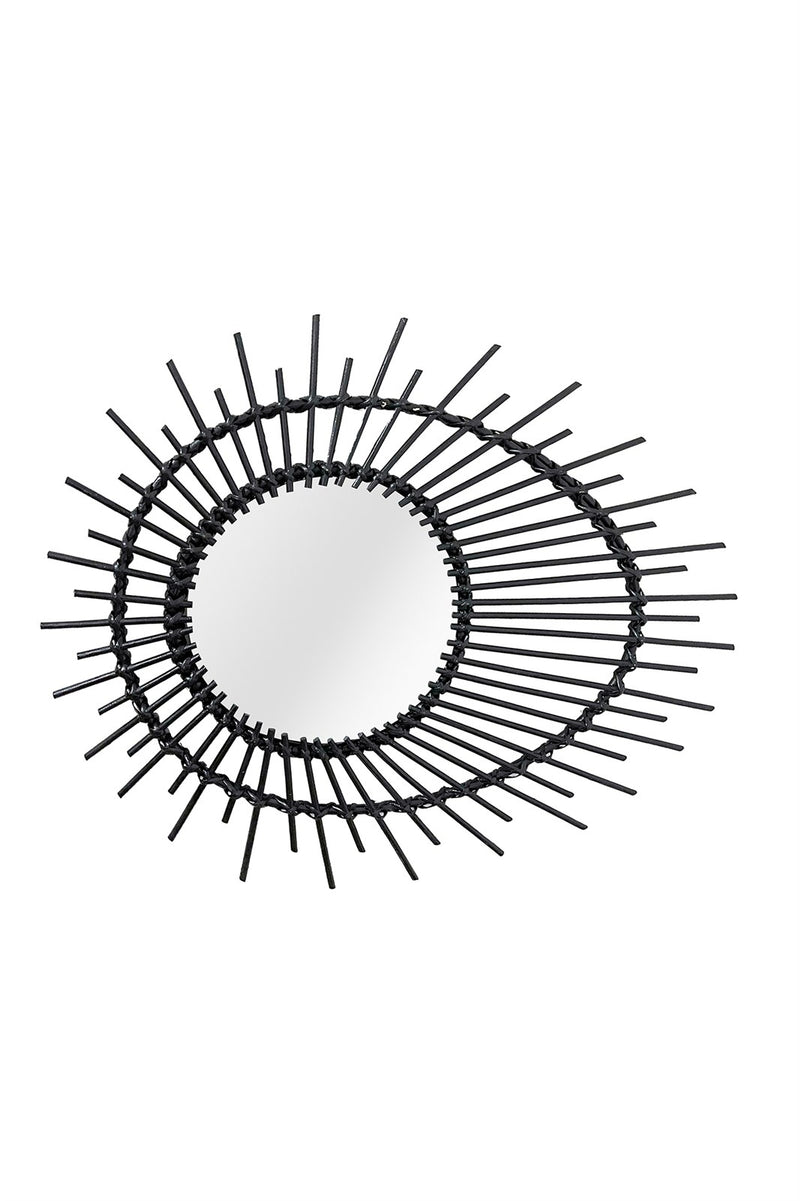 Miroir mural rond en rotin noir motif œil solaire – Ø58 cm