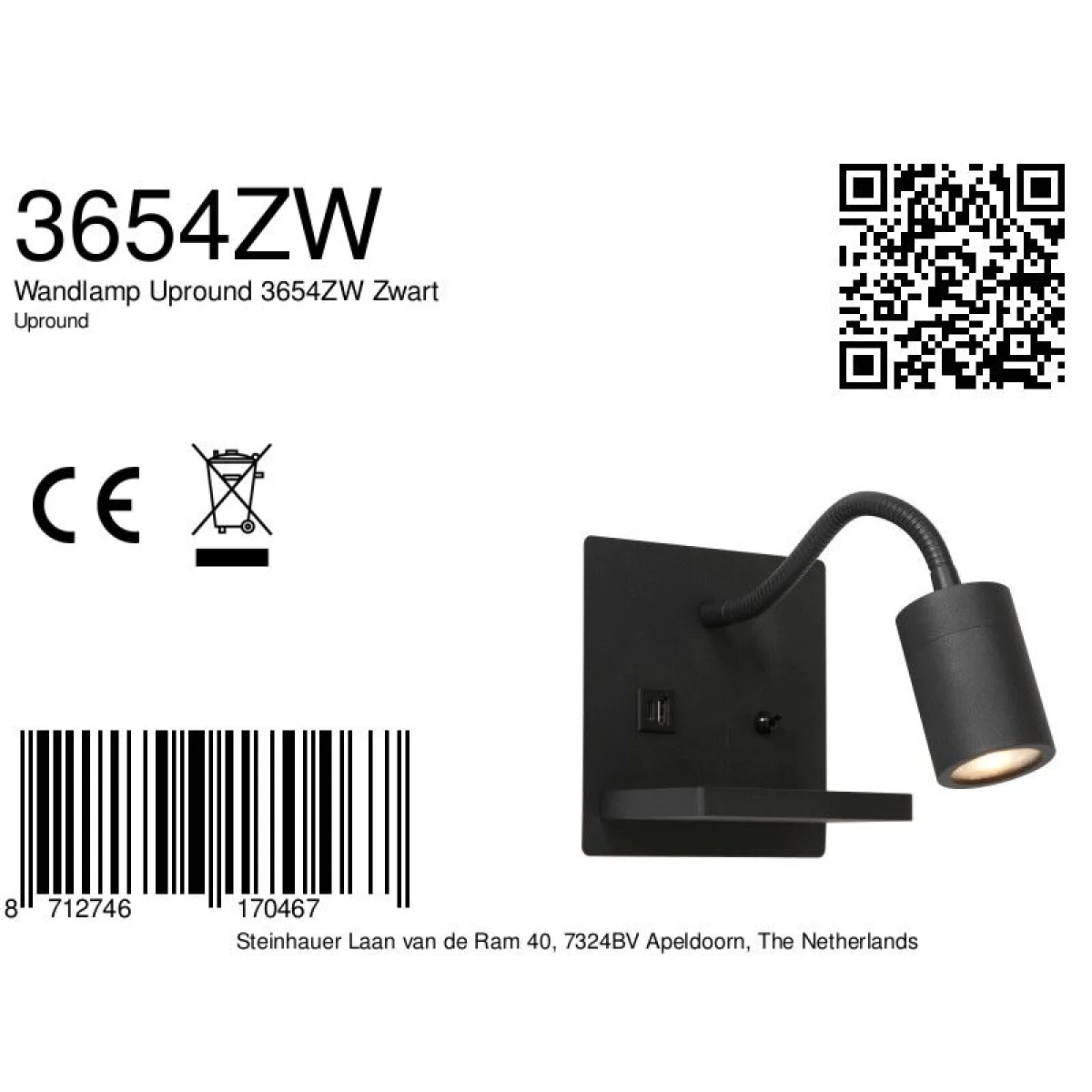 Applique murale noire en métal avec bras flexible, chargeur sans fil et ports USB