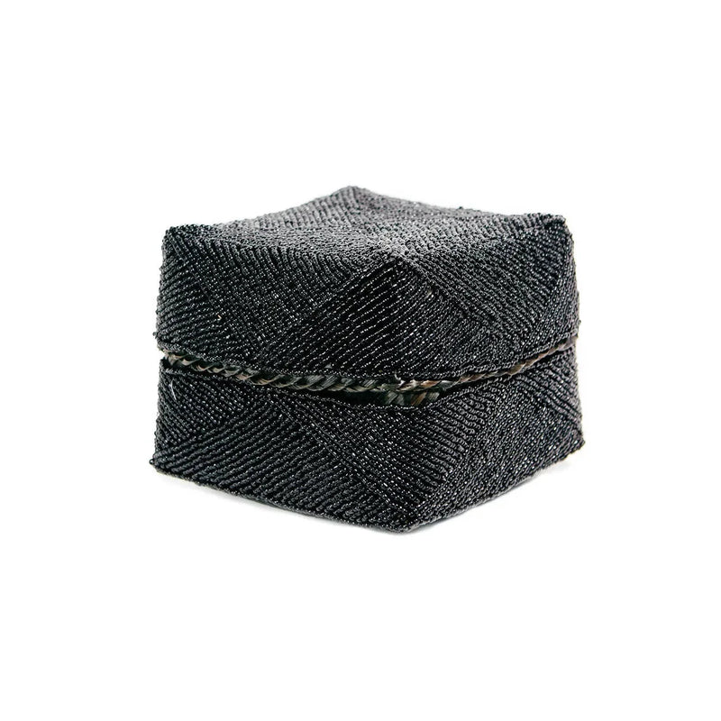 Boîte décorative perlée noire en bambou motifs chevrons avec couvercle