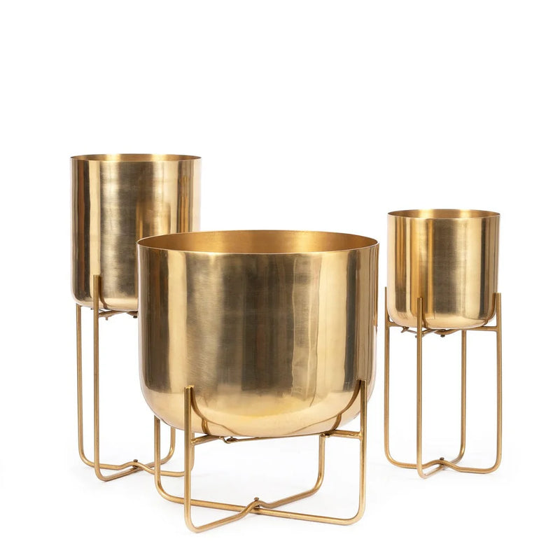 Trois grands cache-pots en laiton avec support pour décoration intérieure élégante