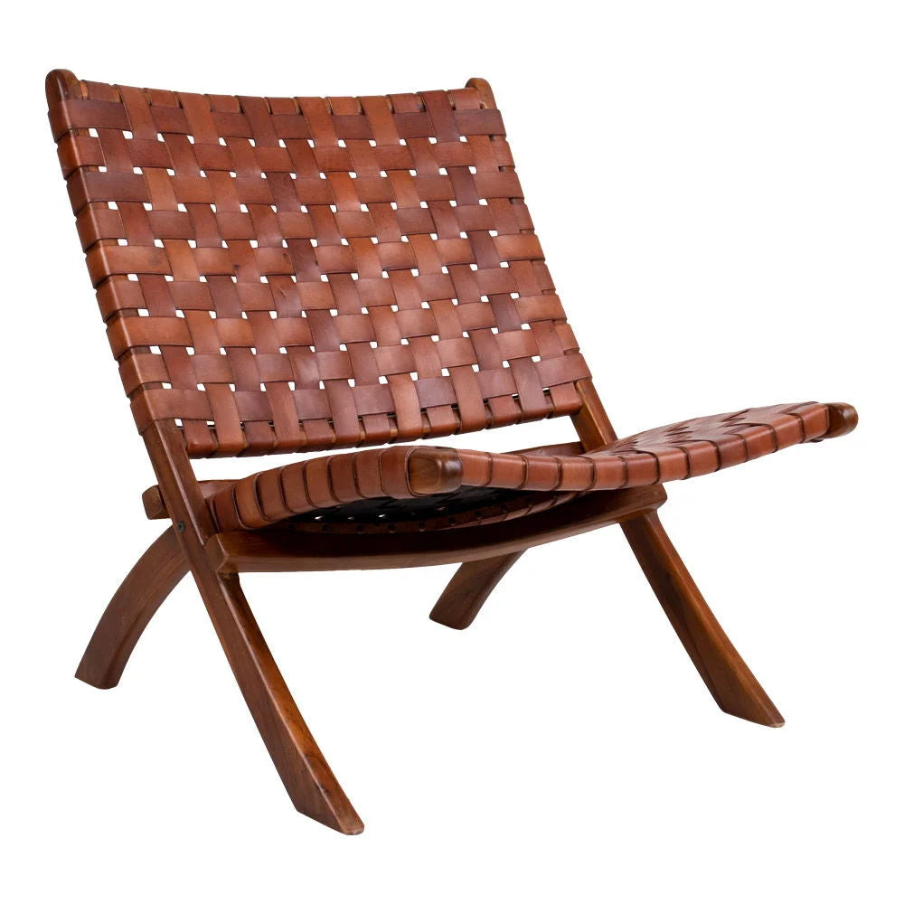 Chaise longue en cuir tressé marron avec structure en bois de teck