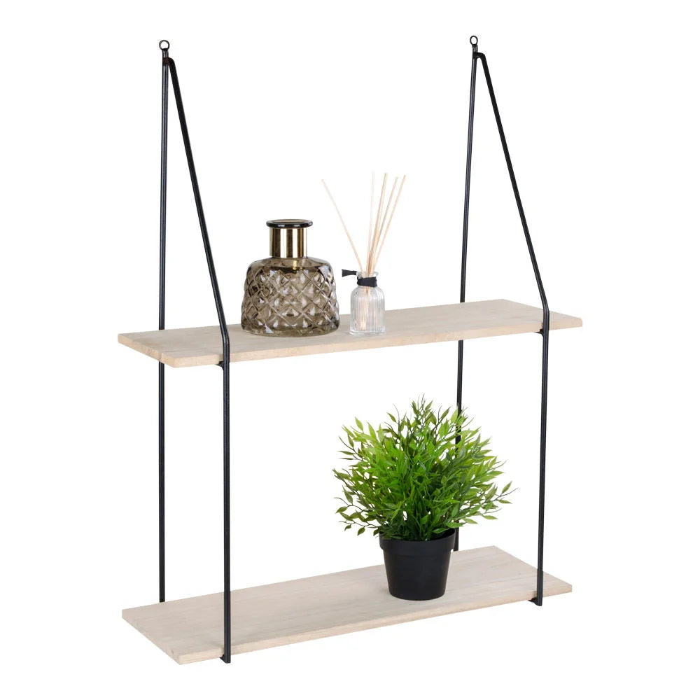 Étagère murale en bois de paulownia et acier noir avec décorations élégantes