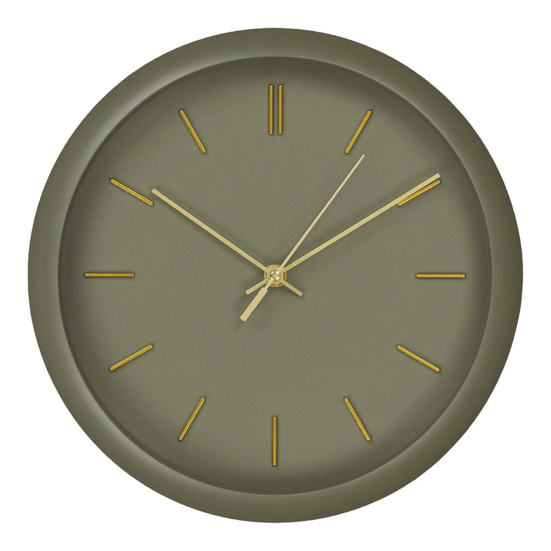 Horloge murale ronde en métal vert kaki avec aiguilles dorées – Ø30 cm