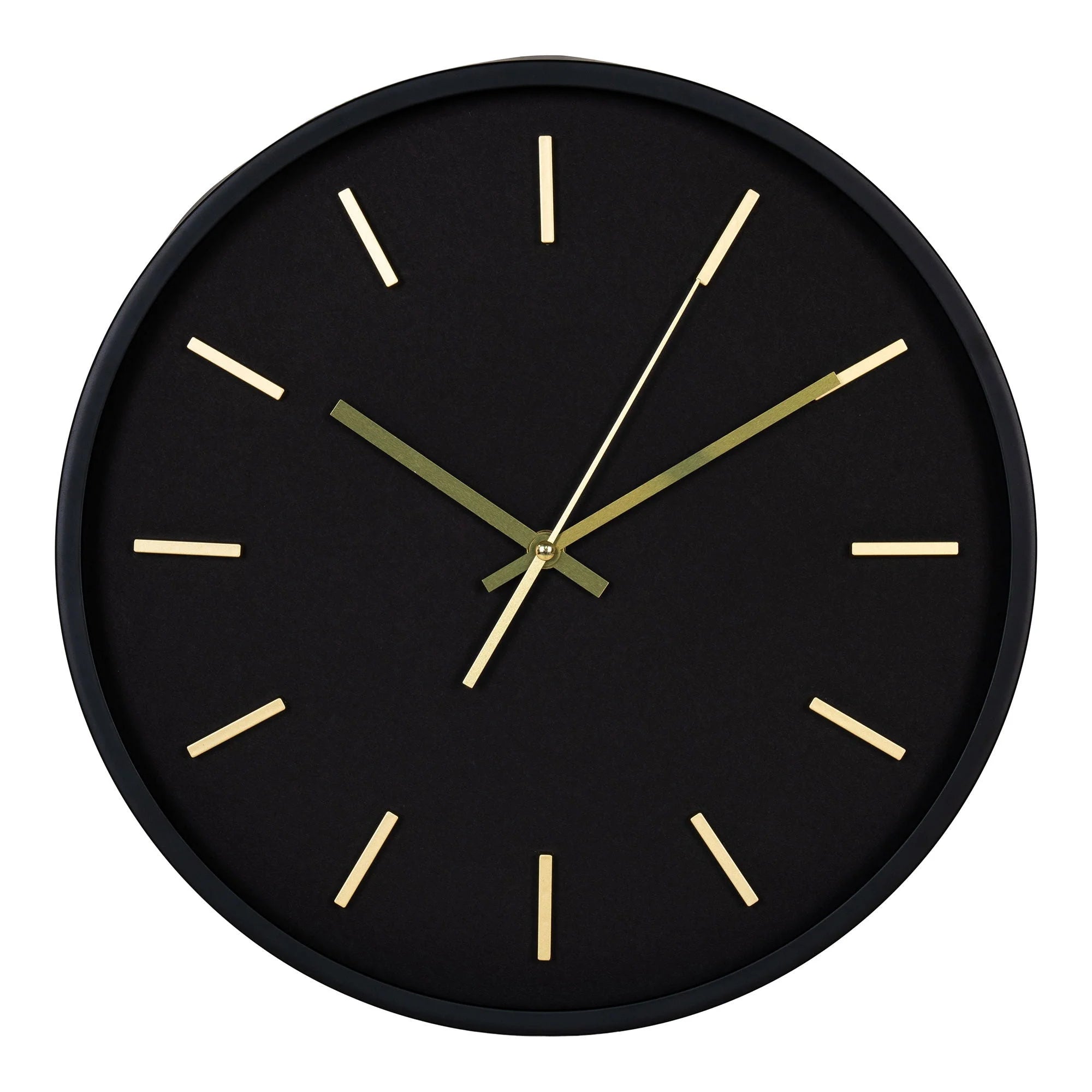 Horloge murale ronde noire en verre et métal avec aiguilles et marquages dorés