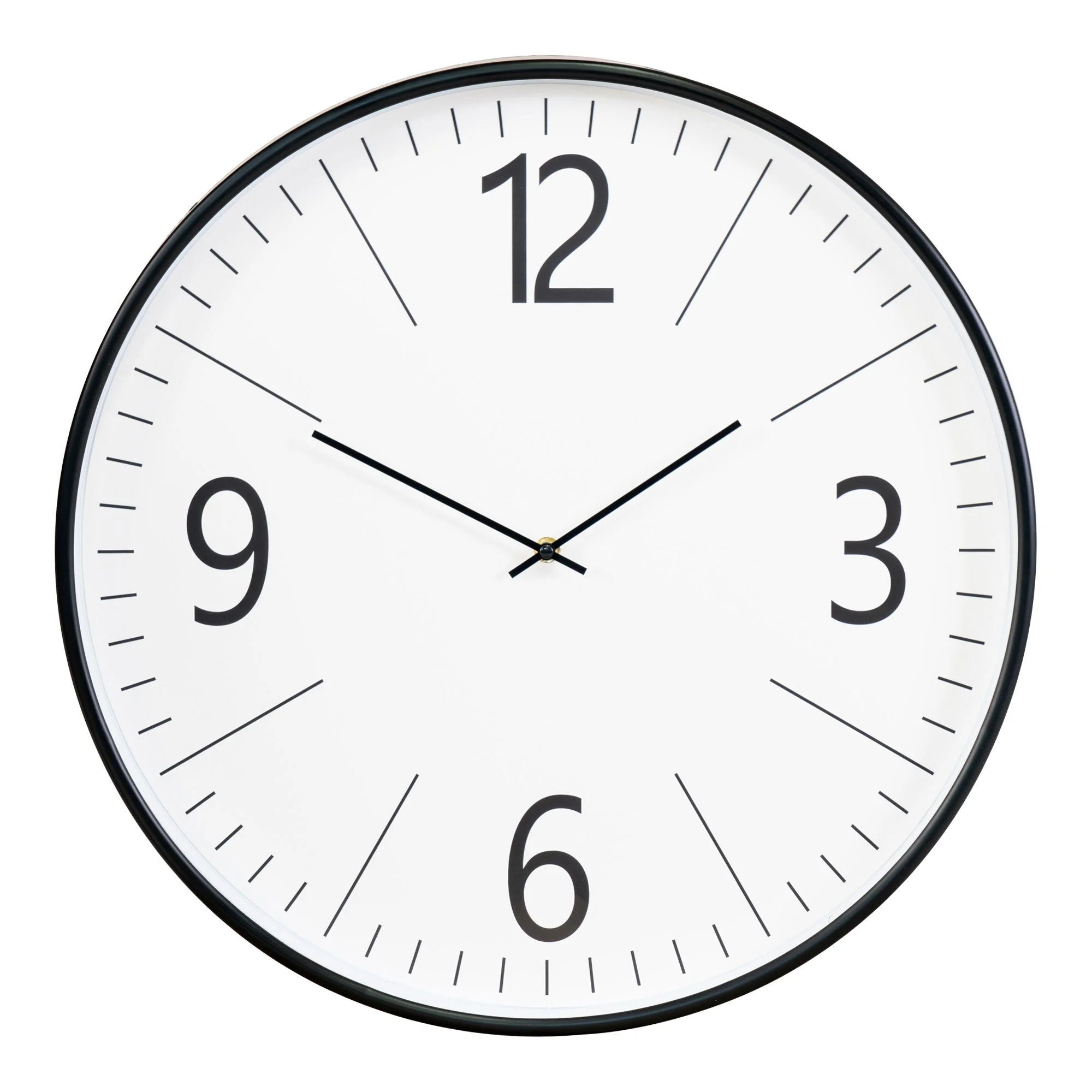 Horloge murale ronde en plastique noir et blanc avec grands chiffres et cadre noir