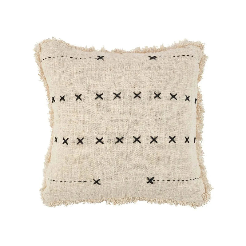 Housse de coussin carrée en coton beige broderie noire à franges