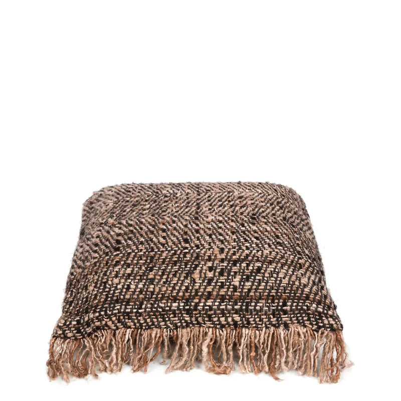 Coussin en coton noir cuivre 40x40 cm avec tissage brun et beige et franges