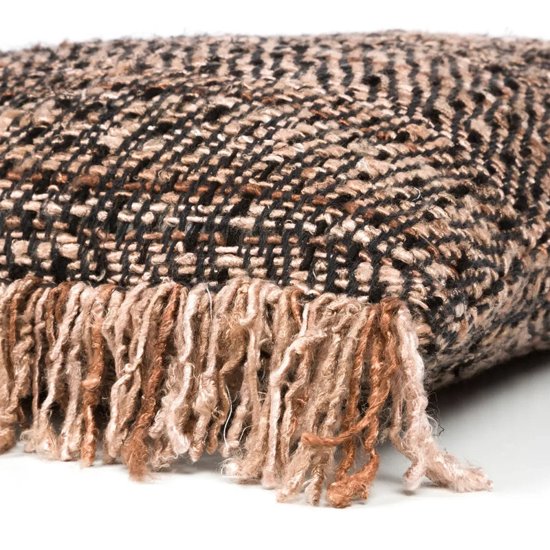 Coussin en coton noir cuivre avec franges texturées brunes et noires 40x40 cm