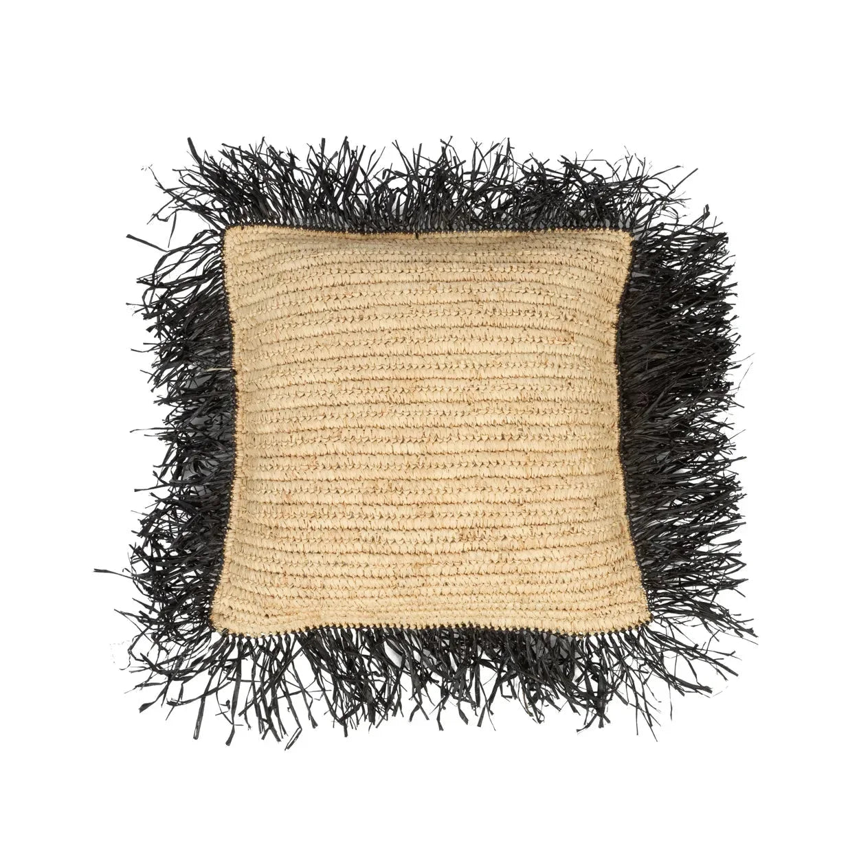 Coussin en raphia beige avec frange noire et naturelle 40x40 cm