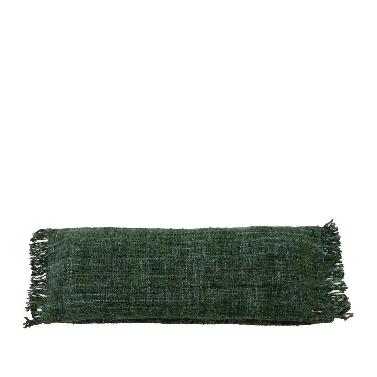 Housse de coussin vert forêt rectangulaire en coton tissé avec franges 35x100 cm