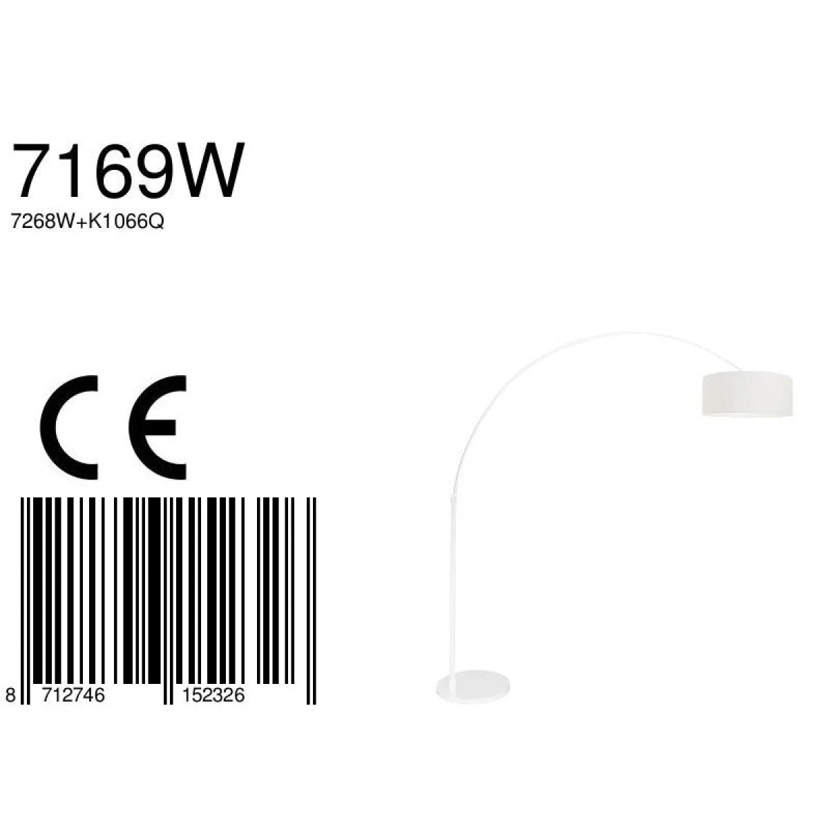 Lampadaire arc blanc en métal avec abat-jour en tissu tambour, hauteur 240 cm