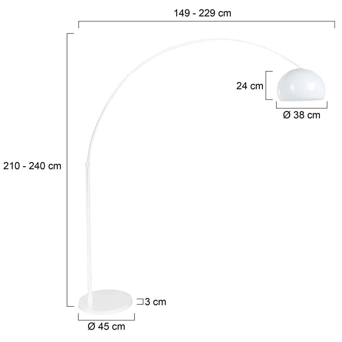 Lampadaire arc en métal blanc avec abat-jour opalin, hauteur ajustable, H240 cm