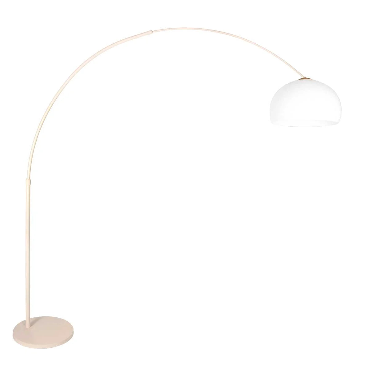 Lampadaire arc métal crème avec abat-jour blanc opalin et base ronde H240 cm