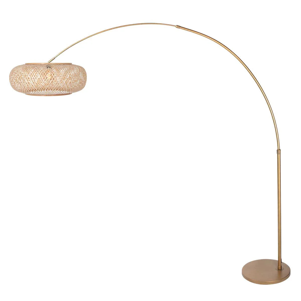 Lampadaire arc en métal doré avec abat-jour en rotin ajouré de 60 cm