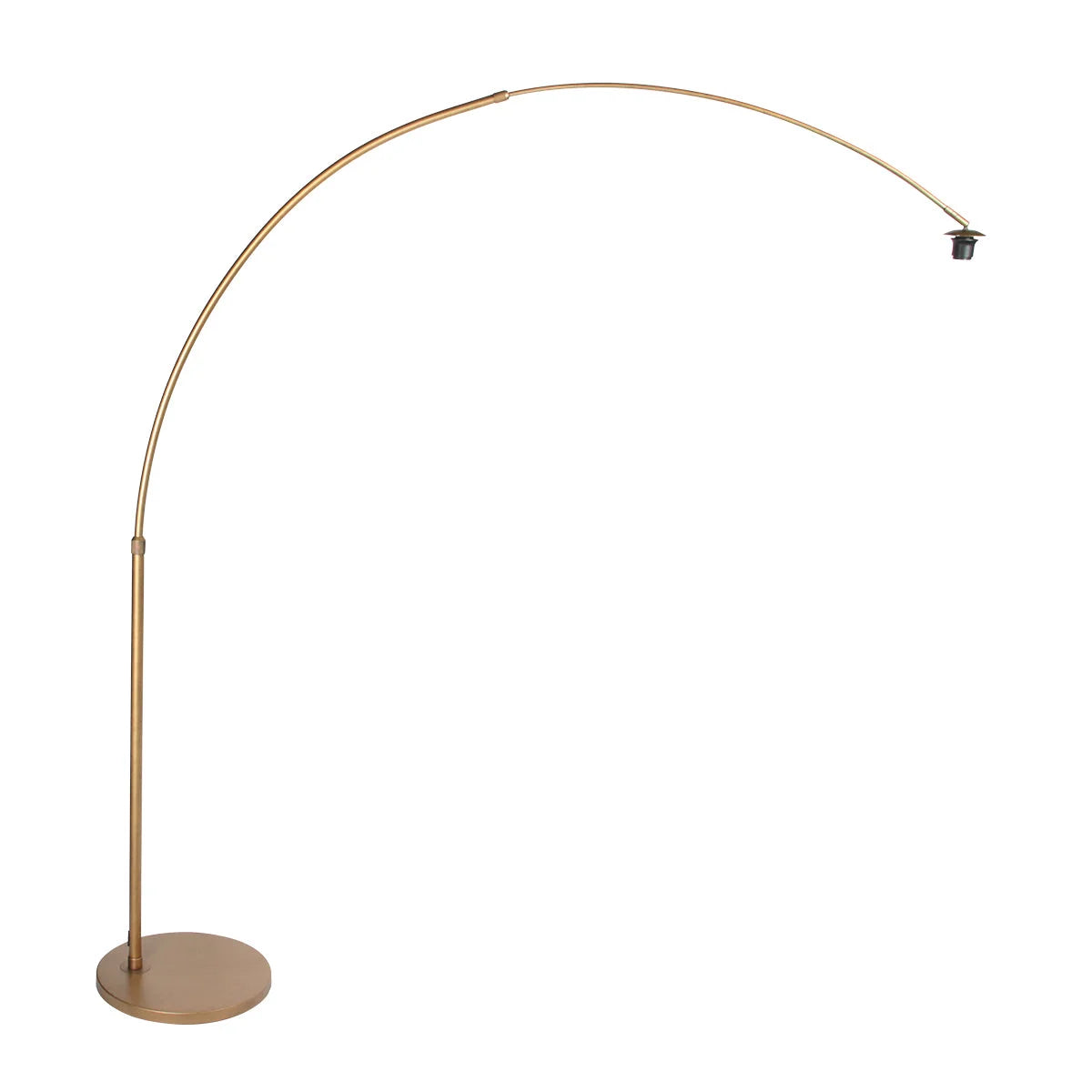 Lampadaire arc en métal doré avec abat-jour en rotin ajouré et base circulaire