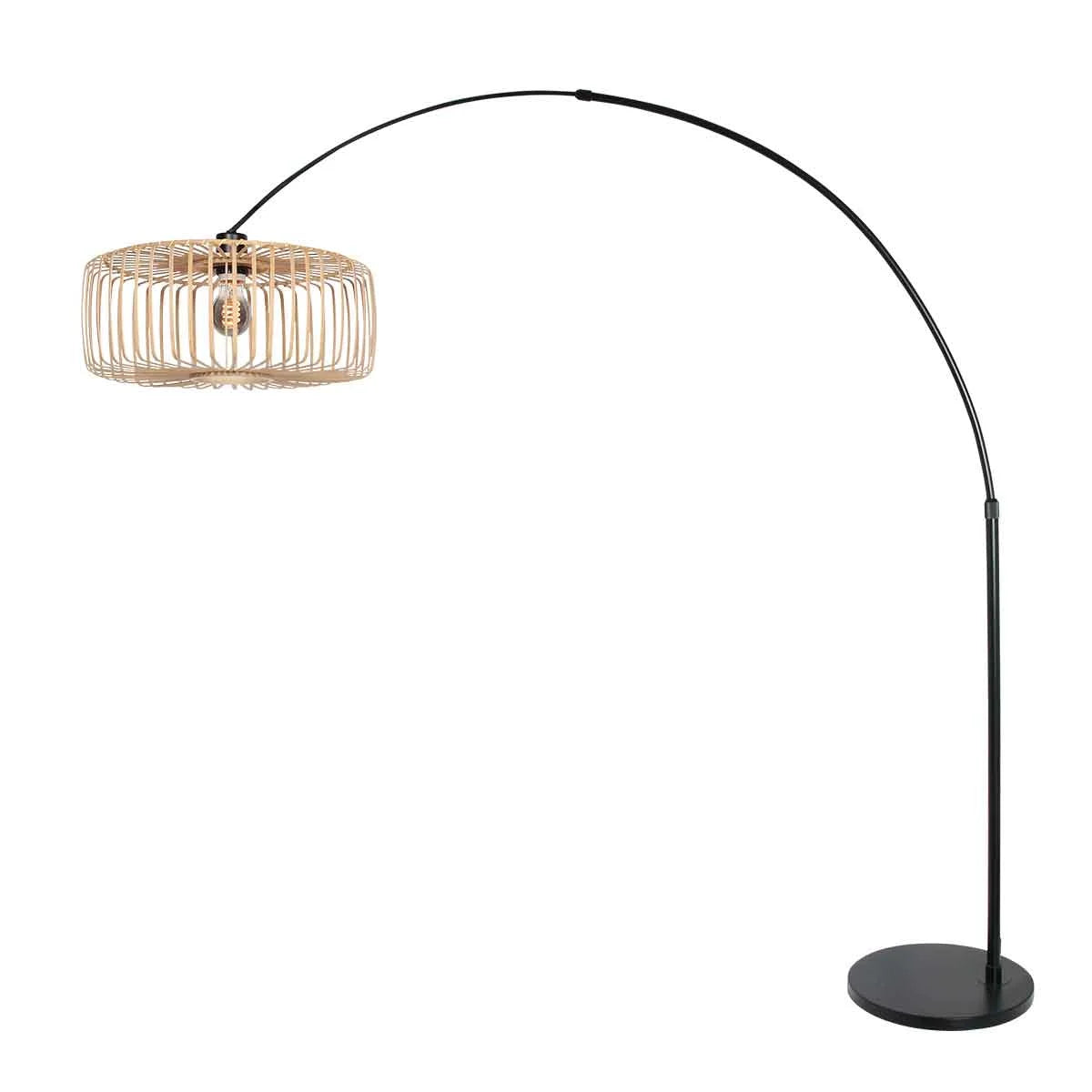 Lampadaire arc en métal noir avec abat-jour en bambou naturel ajouré H240 cm