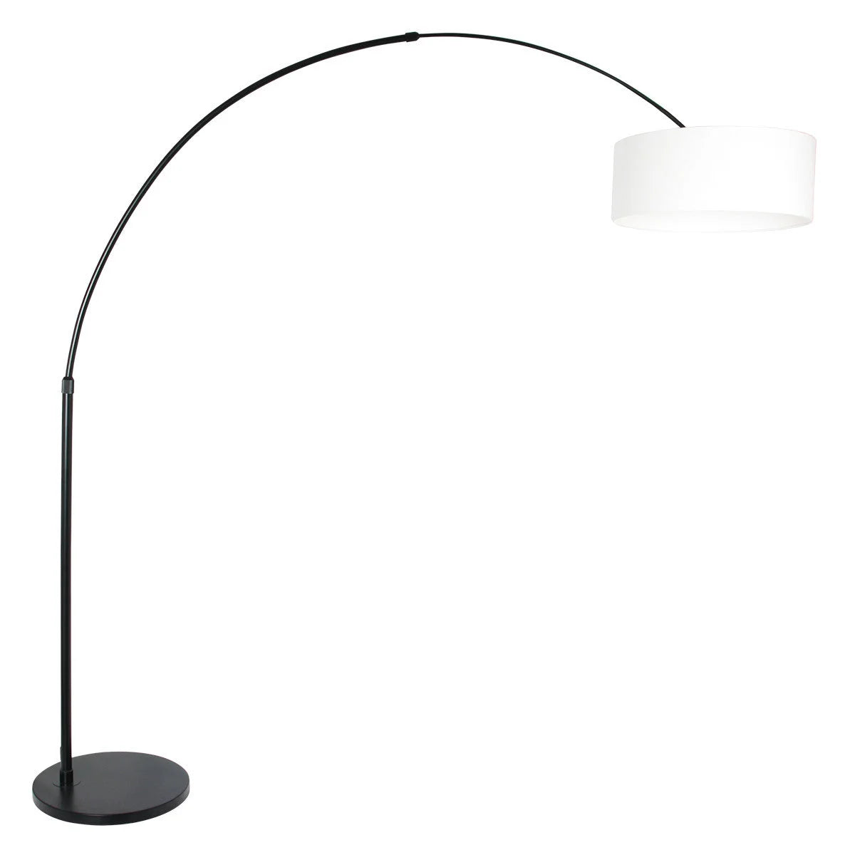 Lampadaire arc en métal noir avec abat-jour blanc tambour, hauteur H240 cm