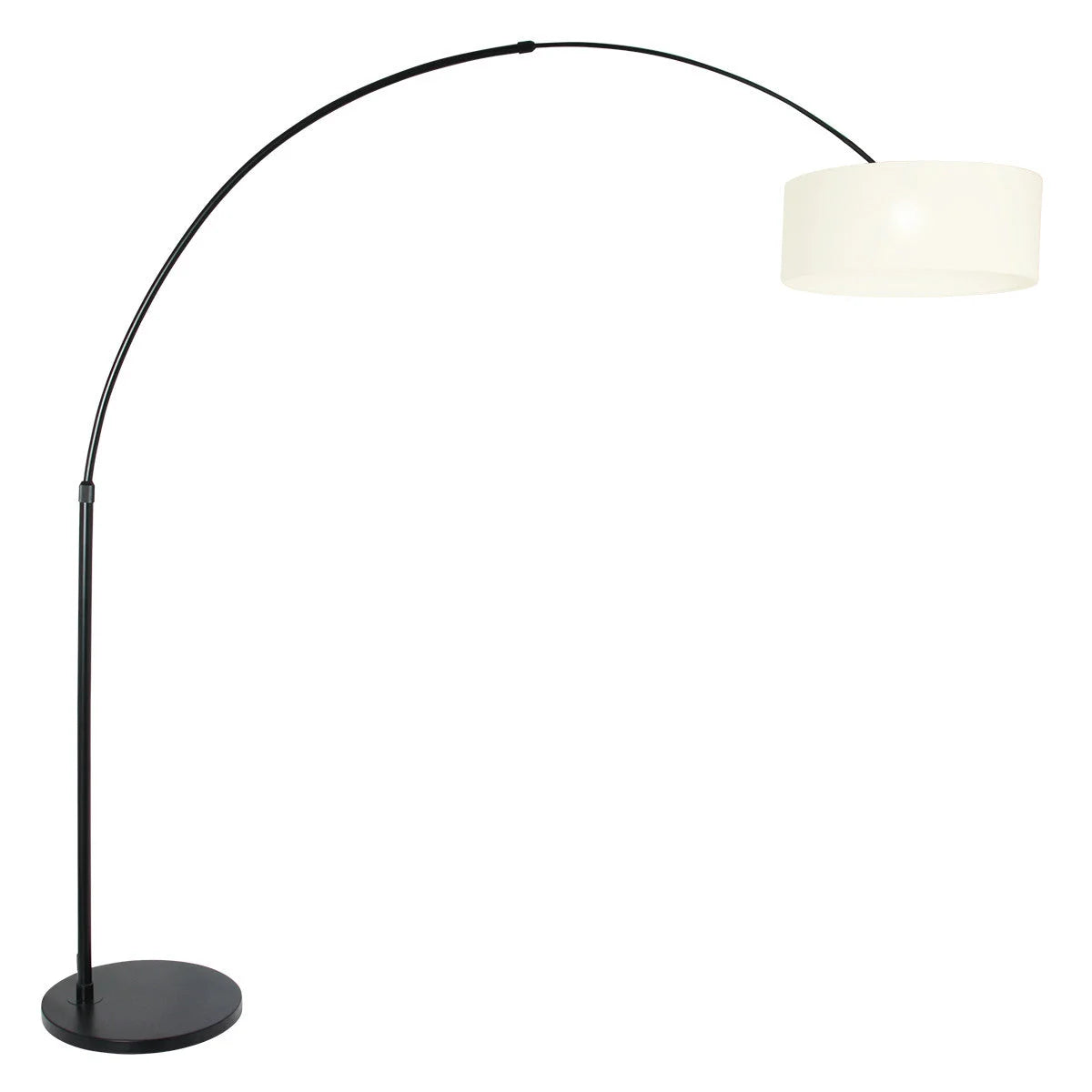 Lampadaire arc en métal noir avec abat-jour blanc tambour, hauteur 240 cm