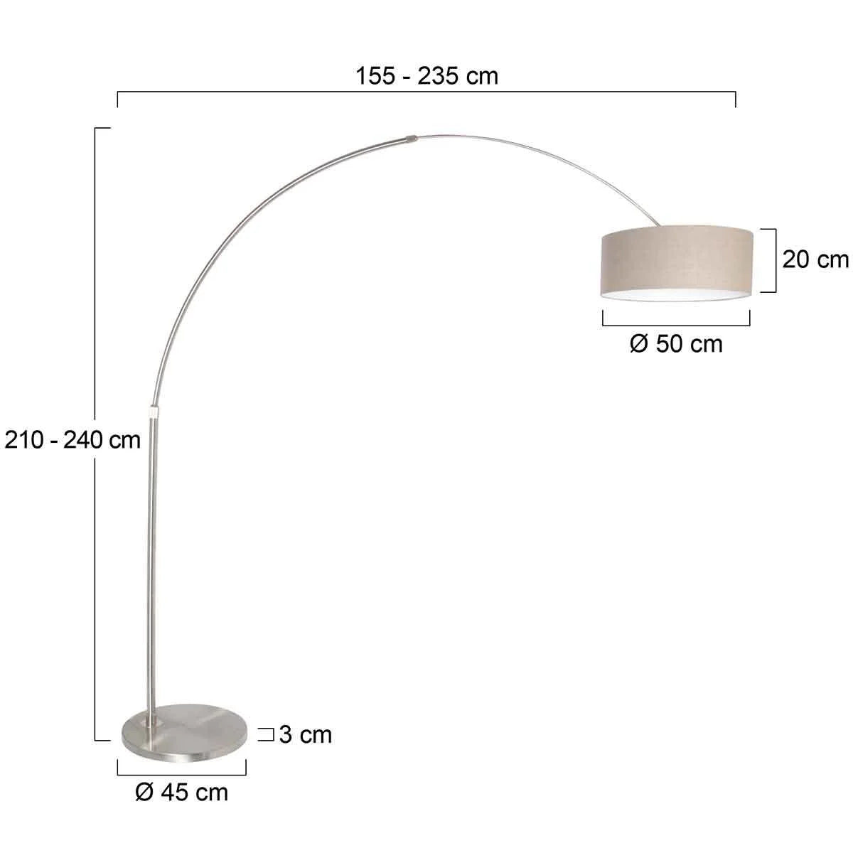 Lampadaire arc en métal noir avec abat-jour blanc rond et base stable, hauteur H240 cm