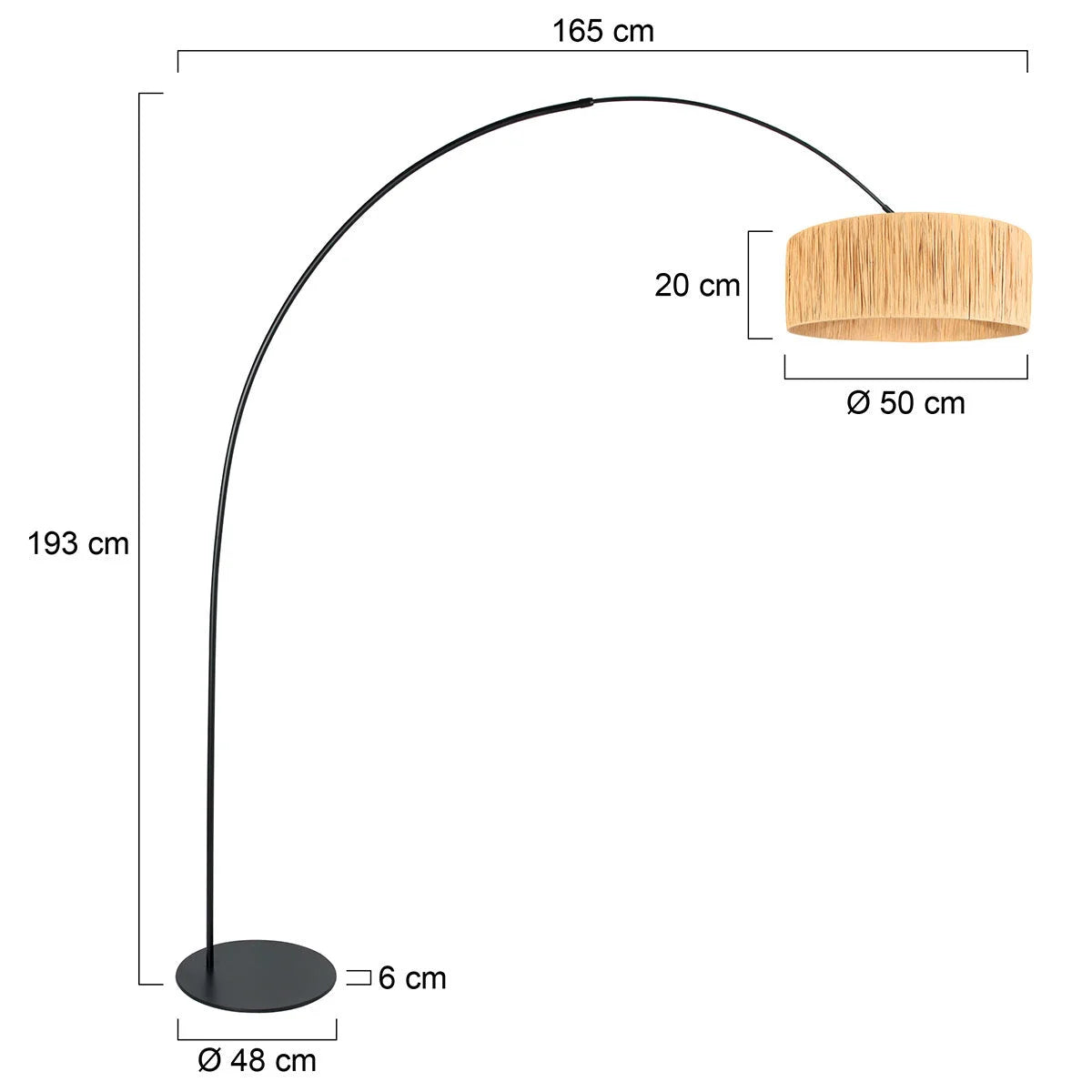 Lampadaire arc en métal noir avec abat-jour en fibres naturelles, H210 cm