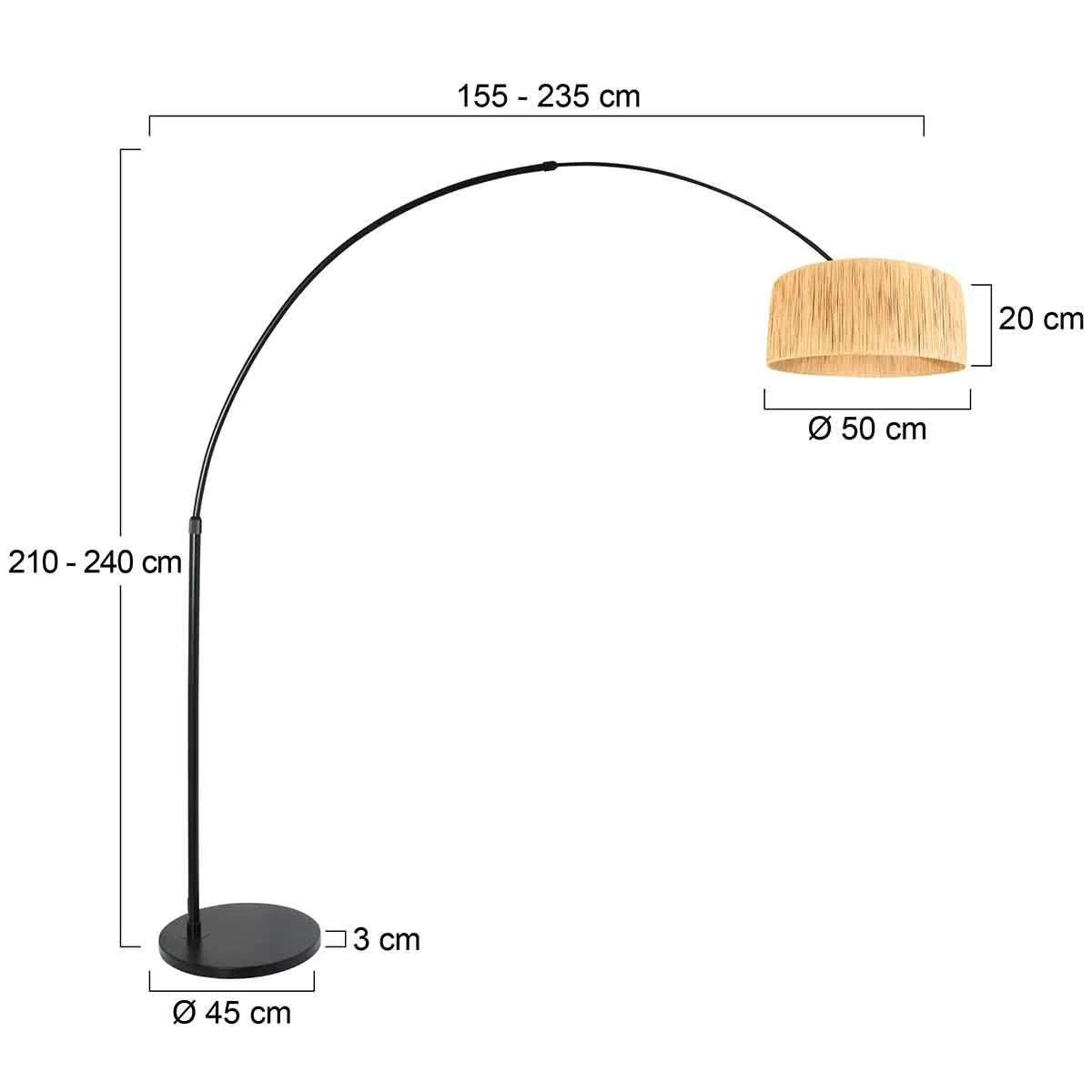 Lampadaire arc en métal noir avec abat-jour tressé couleur paille, H240 cm
