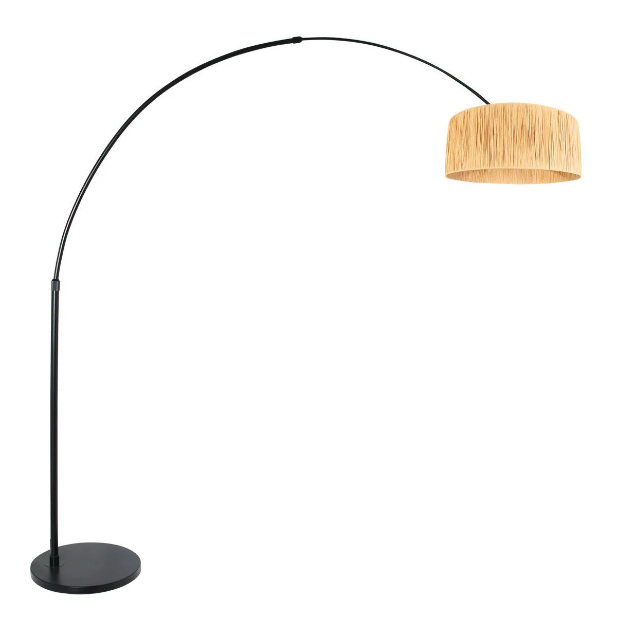 Lampadaire arc en métal noir avec abat-jour tressé couleur paille, hauteur 240 cm