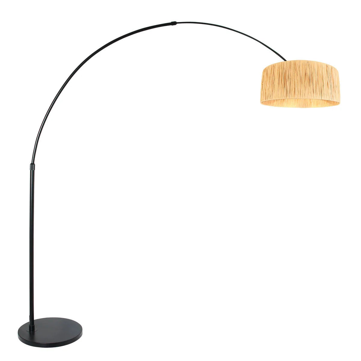Lampadaire arc en métal noir avec abat-jour en fibre naturelle, hauteur H240 cm