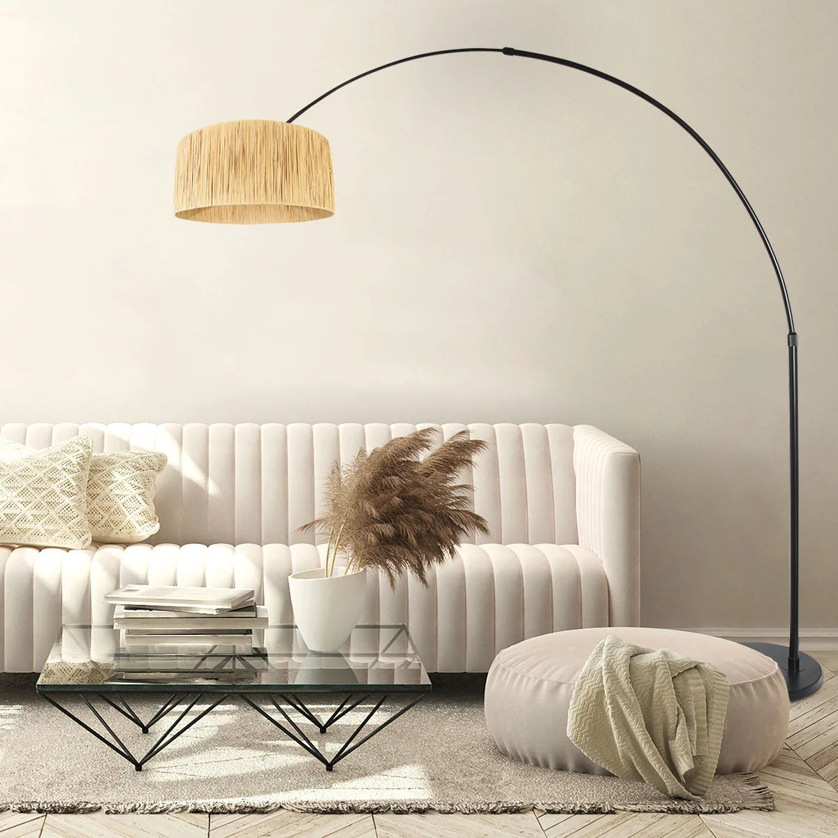 Lampadaire arc en métal noir avec abat-jour tressé couleur paille H240 cm