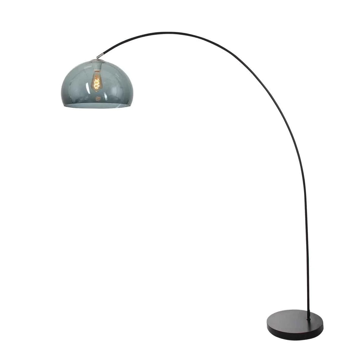 Lampadaire en métal noir avec abat-jour en verre fumé, hauteur 185 cm