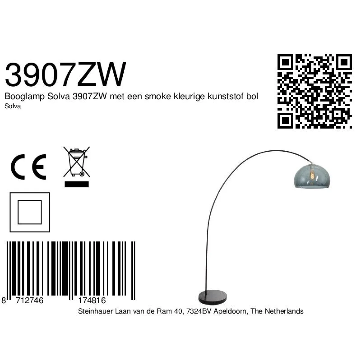 Lampadaire arc en métal noir avec abat-jour en verre fumé, hauteur 185 cm