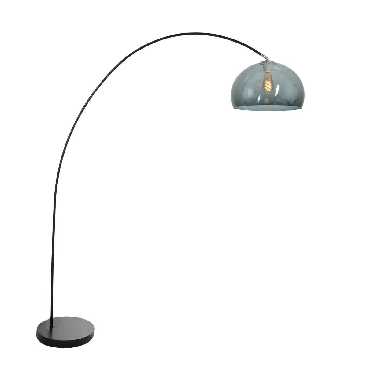 Lampadaire arc en métal noir avec abat-jour en verre fumé, hauteur 185 cm