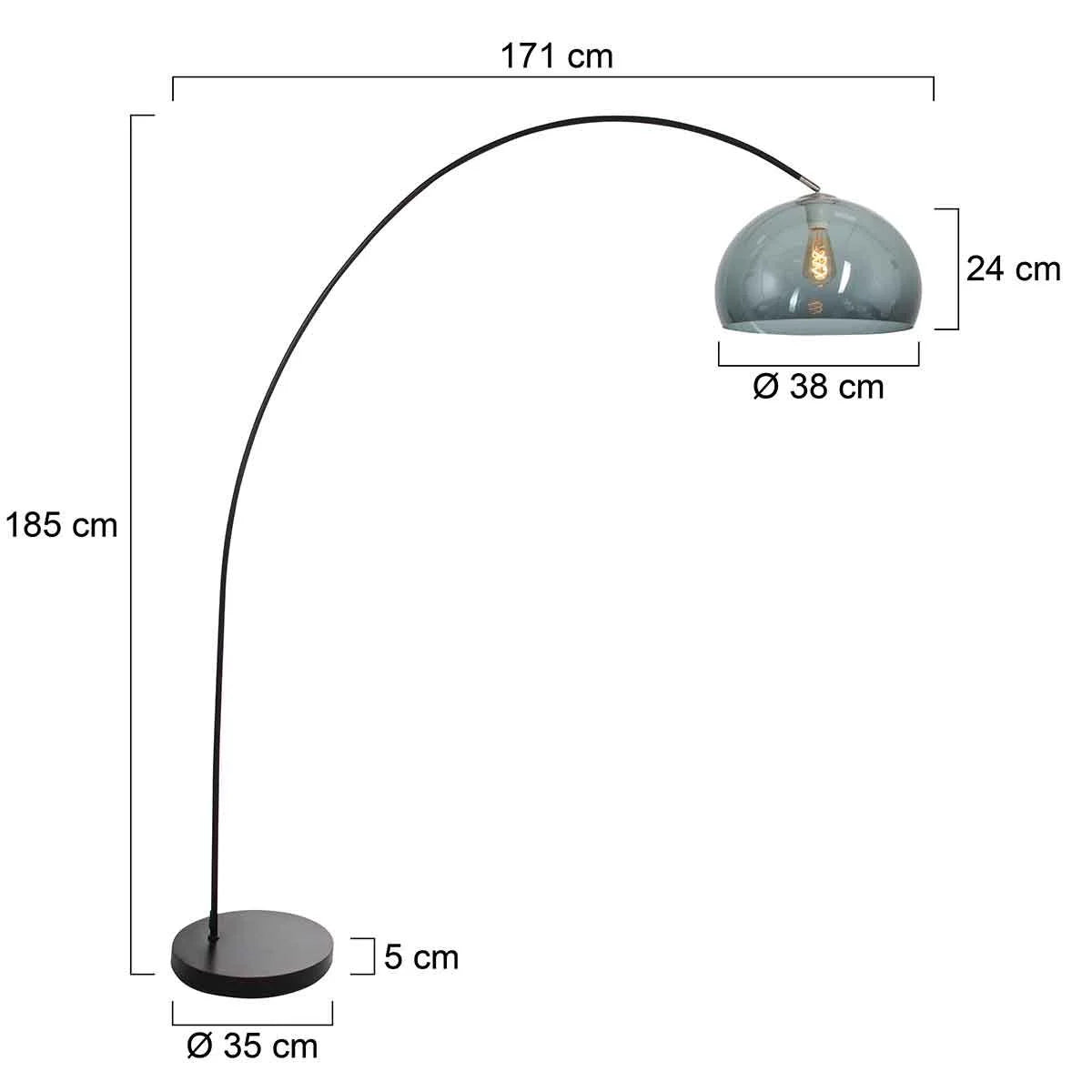 Lampadaire arc en métal noir avec abat-jour en verre fumé et base ronde H185 cm