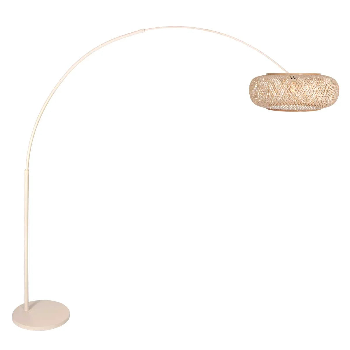 Lampadaire arc en rotin tressé crème avec abat-jour rond, hauteur 240 cm