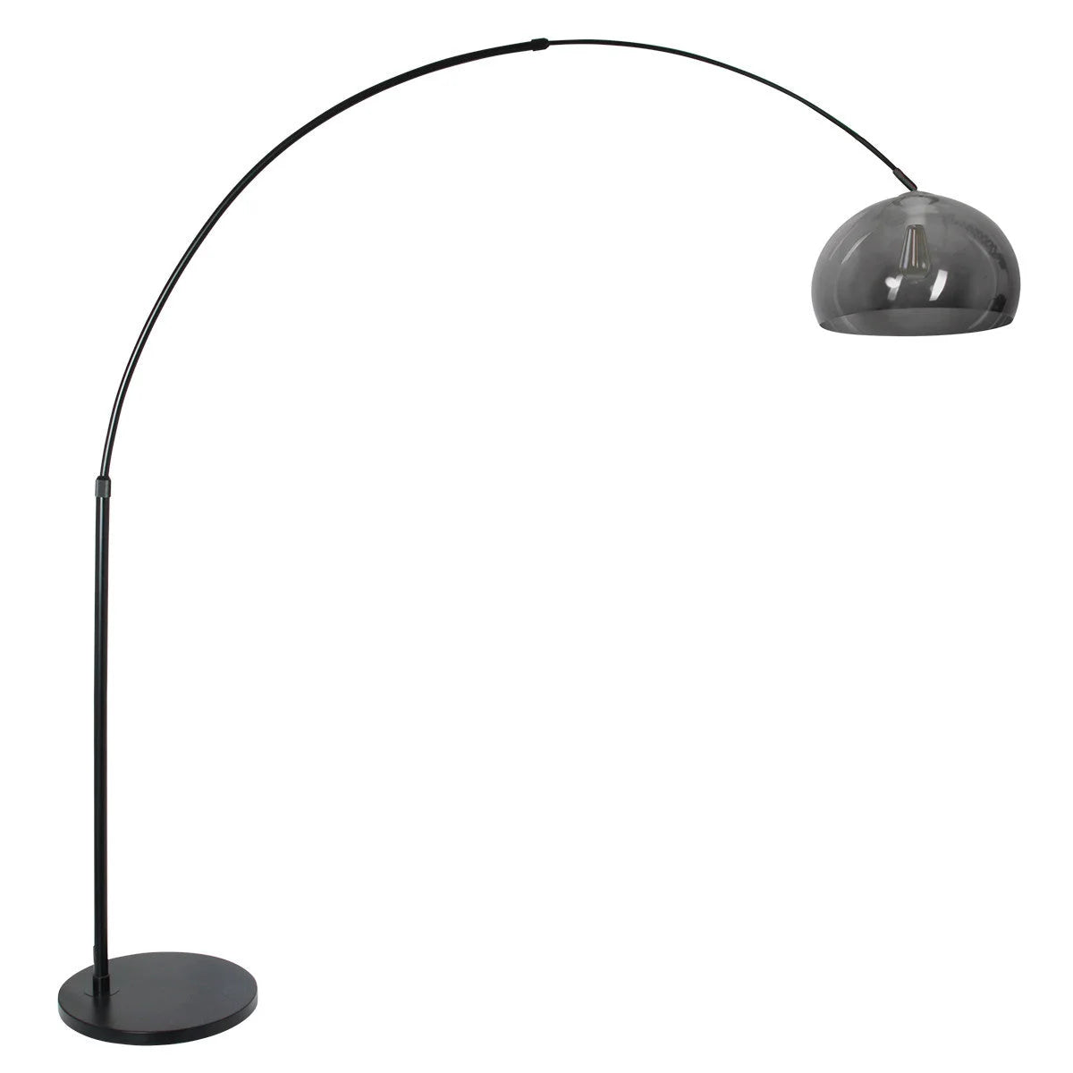 Lampadaire arqué en métal noir avec abat-jour en verre fumé, hauteur 230 cm