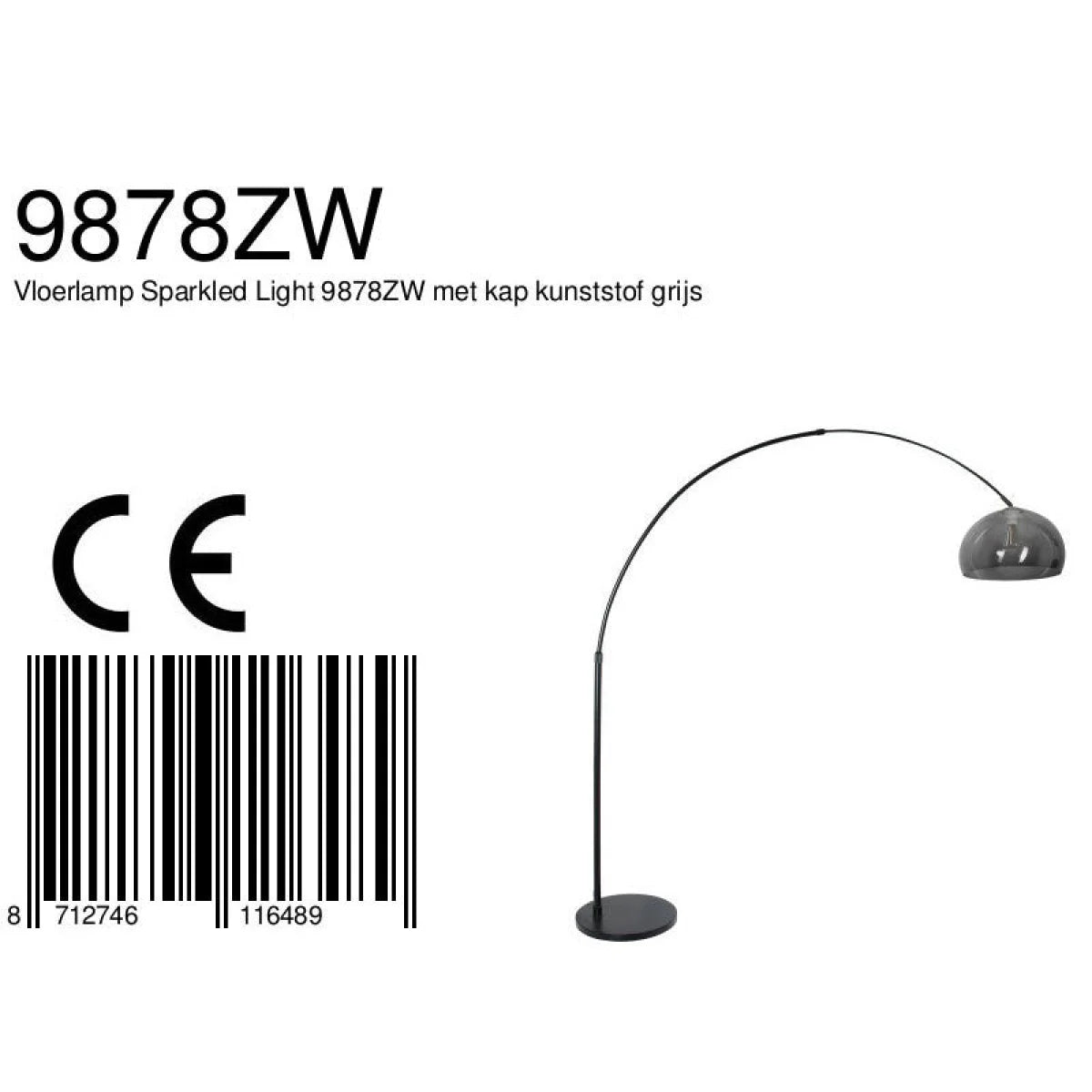 Lampadaire arqué en métal noir avec abat-jour en verre fumé H230 cm