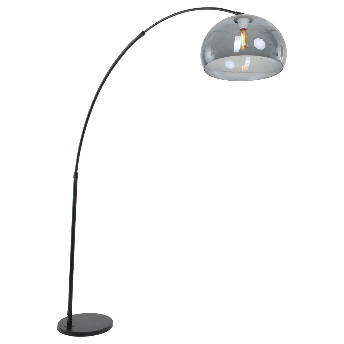 Lampadaire arqué en métal noir avec abat-jour en verre fumé H230 cm