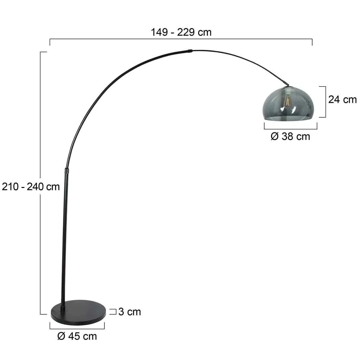 Lampadaire arqué en métal noir avec abat-jour en verre fumé, hauteur 230 cm