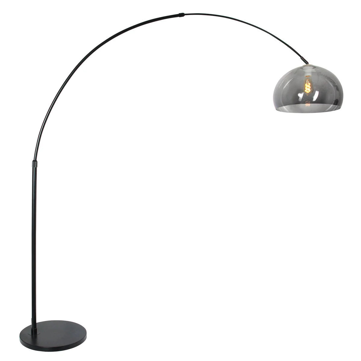 Lampadaire arqué en métal noir avec abat-jour en verre fumé H230 cm
