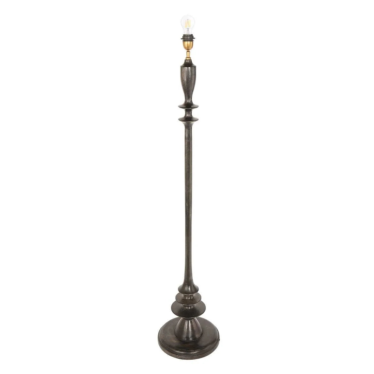 Lampadaire en bronze avec base en bois noir et abat-jour en raphia naturel