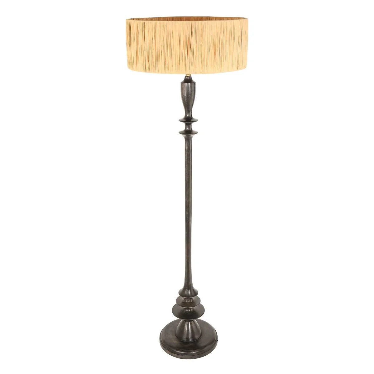 Lampadaire en bois noir avec abat-jour en raphia naturel, finition bronze foncé, H143 cm
