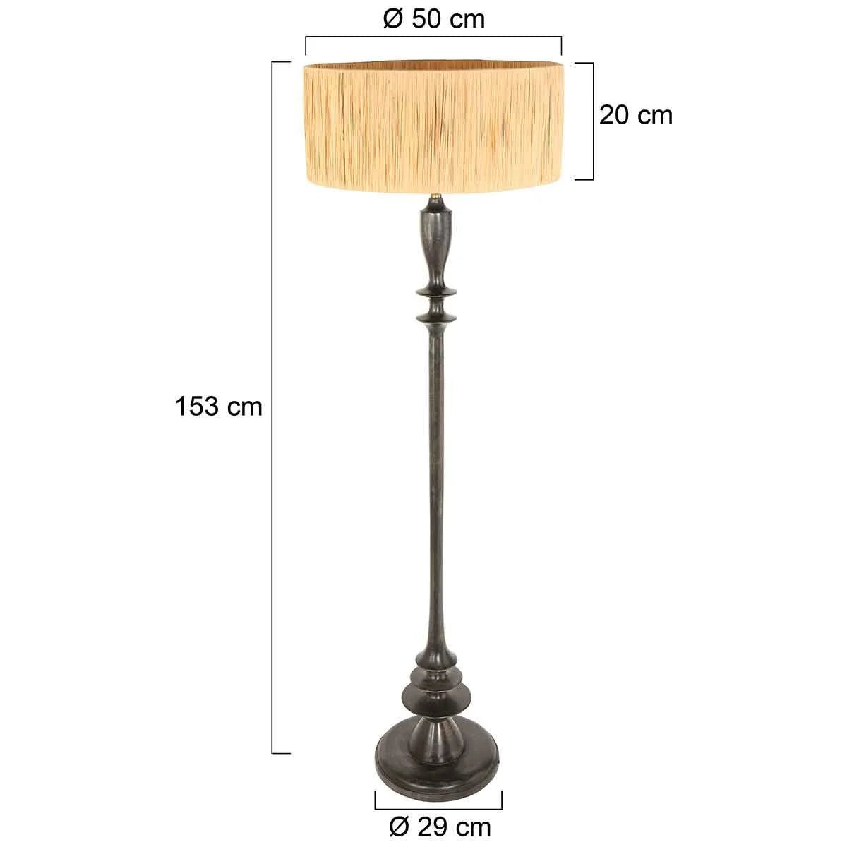 Lampadaire en bois noir avec abat-jour en raphia naturel, texture sombre et clair