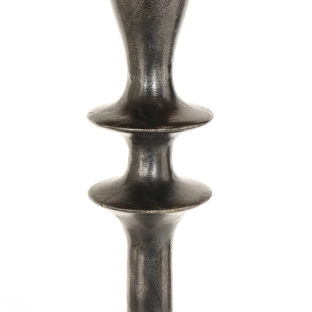 Spindle en métal foncé décoratif avec deux sections en forme de disque pour lampadaire en bois noir