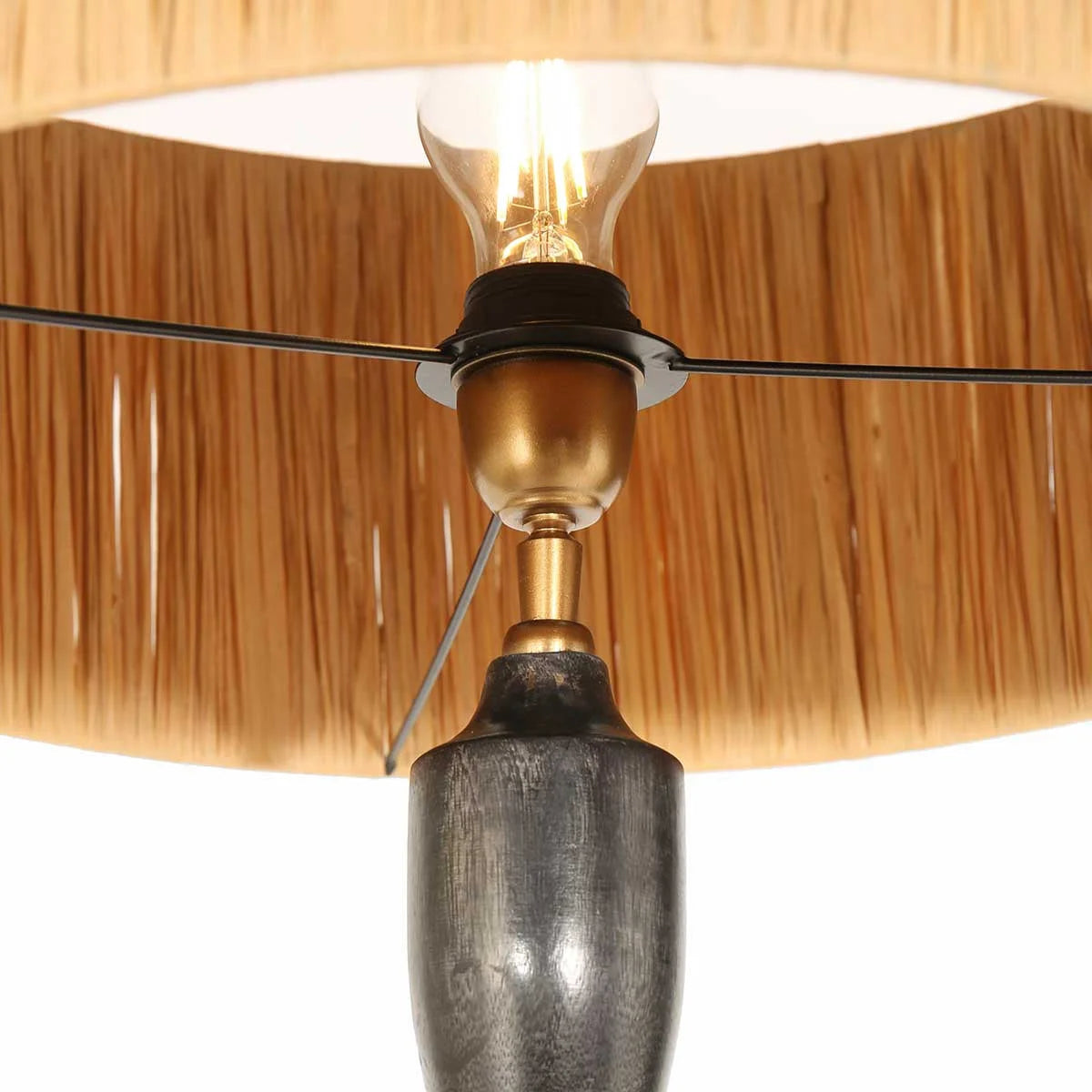 Lampe de table avec abat-jour en raphia naturel, ampoule vintage et base en bronze
