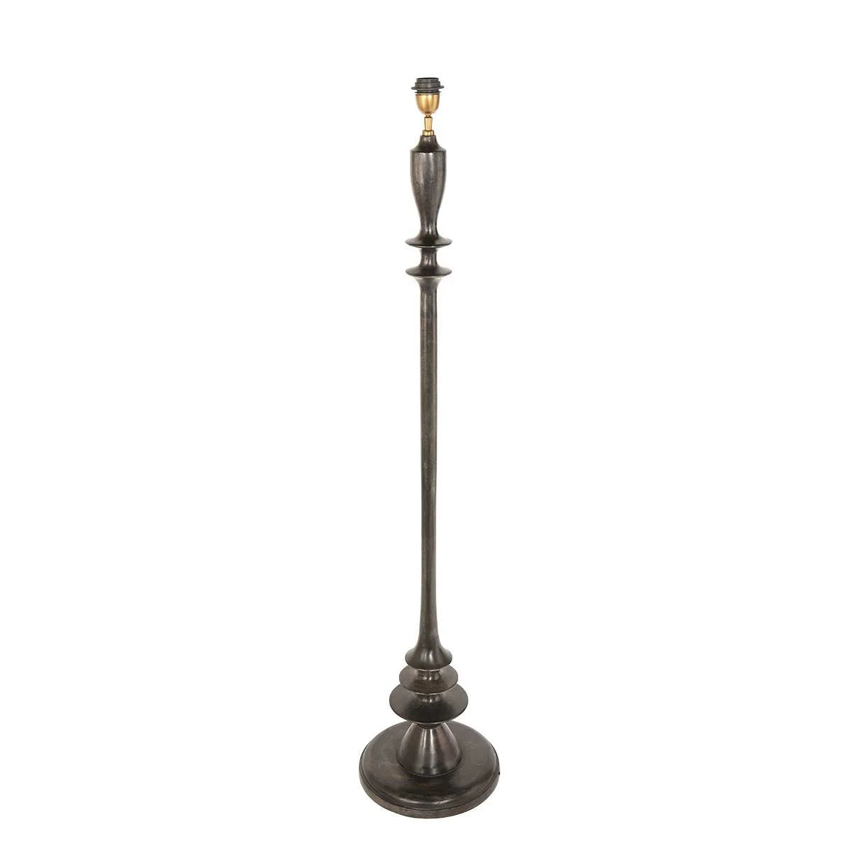 Lampadaire en bois noir avec abat-jour en raphia naturel, métal foncé, base tiercée