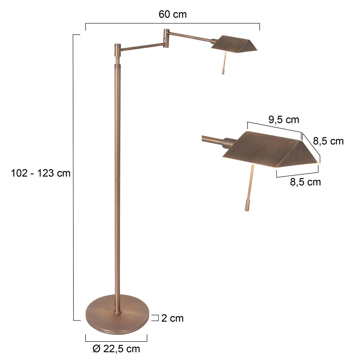 Lampadaire liseuse en métal bronze brossé avec bras articulé et abat-jour rectangulaire