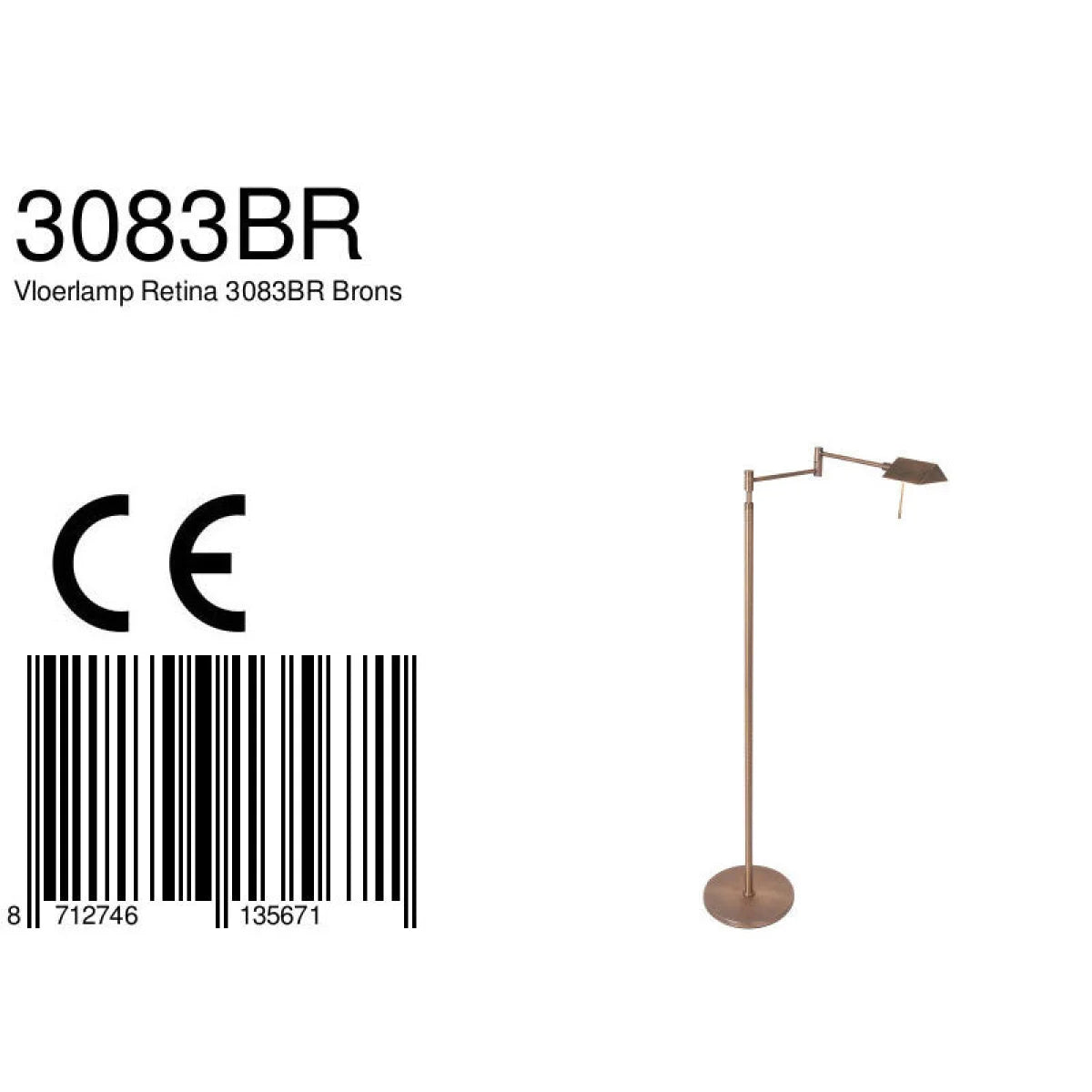 Lampadaire liseuse en métal bronze brossé avec bras articulé orientable H125 cm